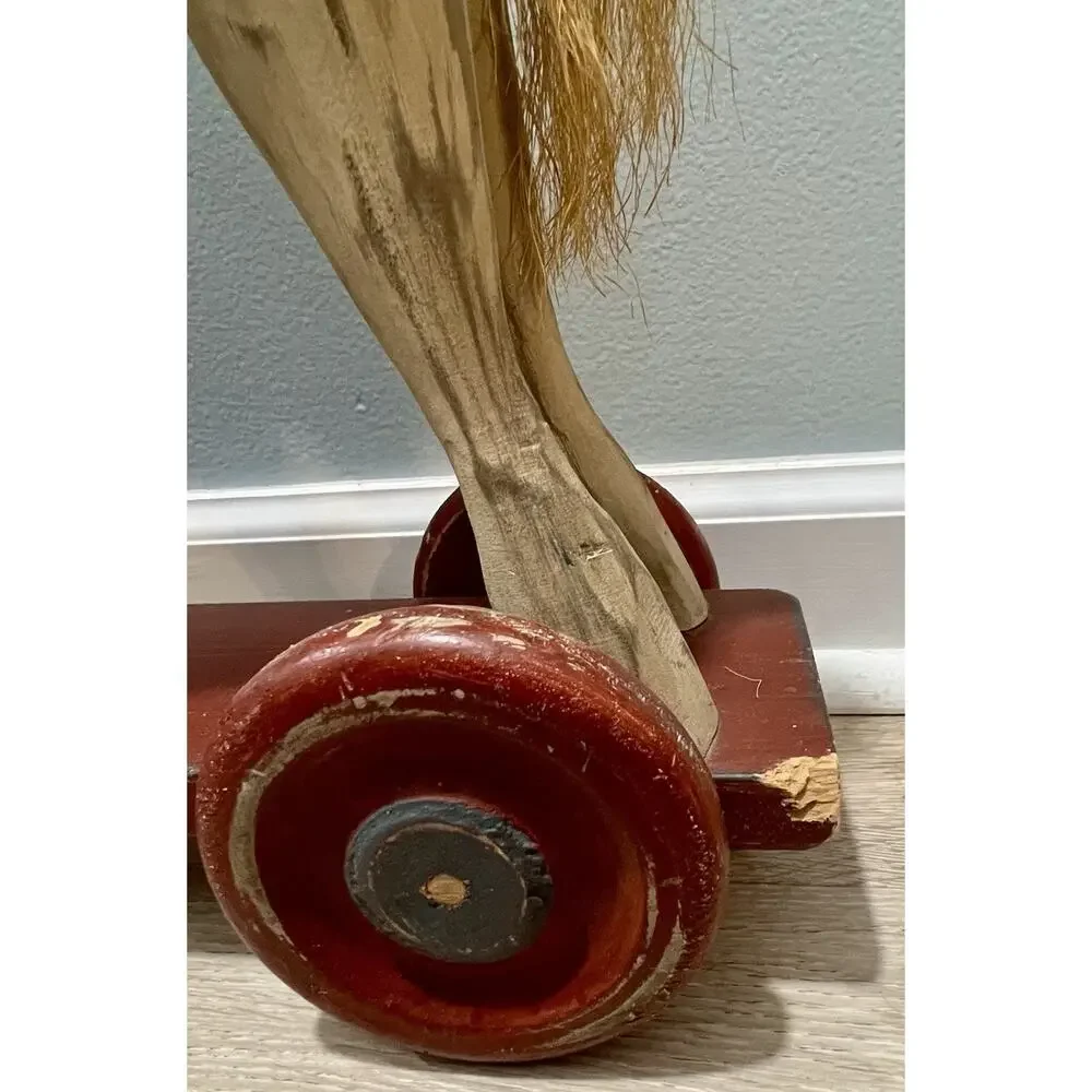 Antique Primitive Folk Art Wooden Horse Pull Toy on Wheels Leather Saddle 22”